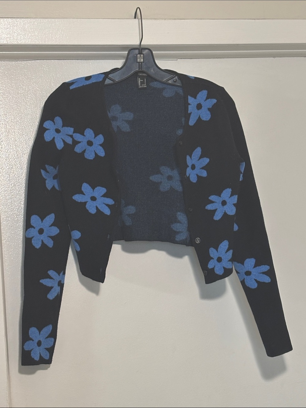 Vibrant Black & Blue Floral Cropped Cardigan Sweater